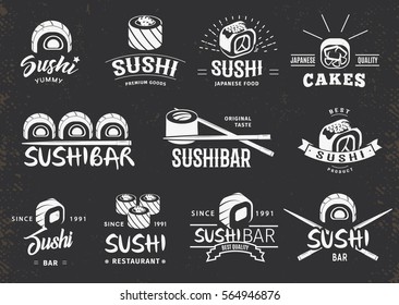 White traditional japanese food emblems set with sushi and chopsticks on dark background isolated vector illustration