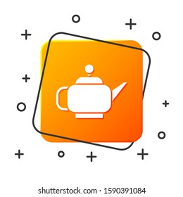 White Traditional Japanese tea ceremony icon isolated on white background. Teapot with cup. Orange square button. Vector Illustration