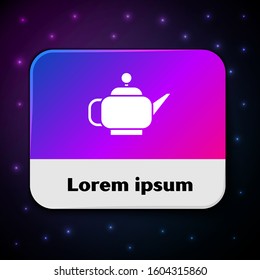 White Traditional Japanese tea ceremony icon isolated on black background. Teapot with cup. Rectangle color button. Vector Illustration