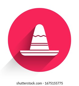 White Traditional mexican sombrero hat icon isolated with long shadow. Red circle button. Vector Illustration