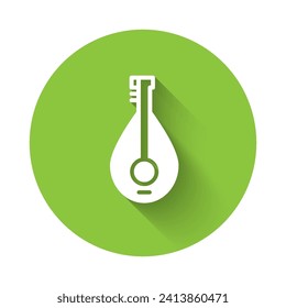 White Traditional musical instrument mandolin icon isolated with long shadow. Green circle button. Vector