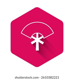 White Traditional paper chinese or japanese folding fan icon isolated with long shadow background. Pink hexagon button. Vector