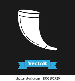 White Traditional ram horn, shofar icon isolated on black background. Rosh hashanah, jewish New Year holiday traditional symbol.  Vector Illustration