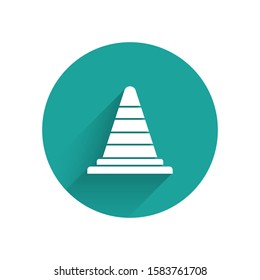 White Traffic cone icon isolated with long shadow background. Green circle button. Vector Illustration