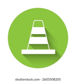 White Traffic cone icon isolated with long shadow background. Green circle button. Vector