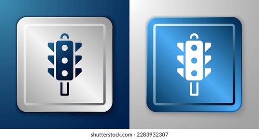 Icono de semáforo blanco aislado en fondo azul y gris. Botón cuadrado plateado y azul. Vector