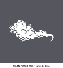 White trail of smoke cartoon illustration. Comic cloud of fog, hot steam or fume on grey background. Vapor, atmosphere, wind concept