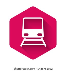 White Train icon isolated with long shadow. Public transportation symbol. Subway train transport. Metro underground. Pink hexagon button. Vector Illustration