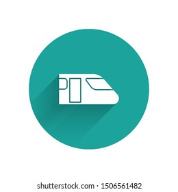 White Train icon isolated with long shadow. Public transportation symbol. Subway train transport. Metro underground. Green circle button. Vector Illustration