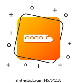 White Train icon isolated on white background. Public transportation symbol. Subway train transport. Metro underground. Orange square button. Vector Illustration