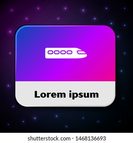 White Train icon isolated on black background. Public transportation symbol. Subway train transport. Metro underground. Rectangle color button. Vector Illustration