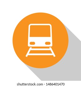 White Train icon isolated on white background. Public transportation symbol. Subway train transport. Metro underground. Orange circle button. Vector Illustration