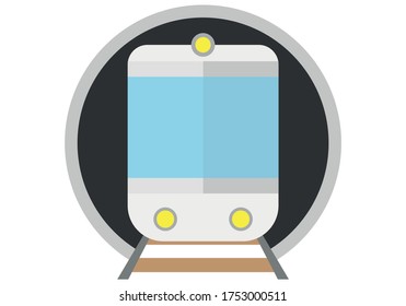 White train leaving a tunnel.