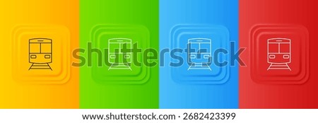 White Train and railway icon isolated on colorful background. Public transportation symbol. Subway train transport. Metro underground. Set icons in square buttons. Vector