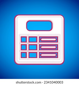 Icono del tablero de la estación de tren blanca aislado en fondo azul. Cuadro de mandos mecánico. Información del vuelo en el cartel del tren.  Vector
