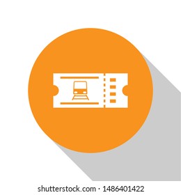 White Train ticket icon isolated on white background. Travel by railway. Orange circle button. Vector Illustration