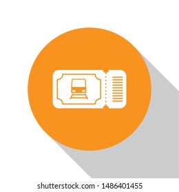 White Train ticket icon isolated on white background. Travel by railway. Orange circle button. Vector Illustration