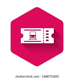 White Train ticket icon isolated with long shadow. Travel by railway. Pink hexagon button. Vector Illustration