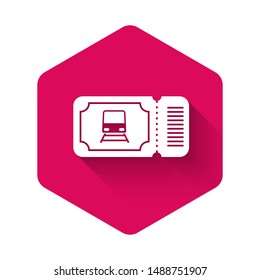 White Train ticket icon isolated with long shadow. Travel by railway. Pink hexagon button. Vector Illustration