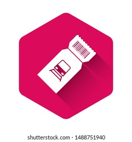 White Train ticket icon isolated with long shadow. Travel by railway. Pink hexagon button. Vector Illustration