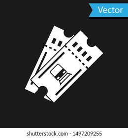 White Train ticket icon isolated on black background. Travel by railway.  Vector Illustration