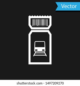 White Train ticket icon isolated on black background. Travel by railway.  Vector Illustration