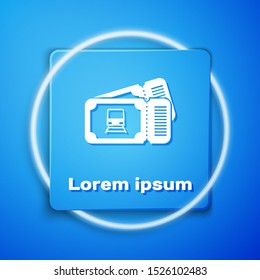 White Train ticket icon isolated on blue background. Travel by railway. Blue square button. Vector Illustration
