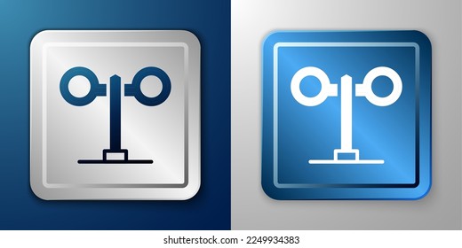 White Train traffic light icon isolated on blue and grey background. Traffic lights for the railway to regulate the movement of trains. Silver and blue square button. Vector