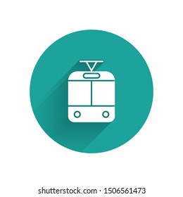 White Tram and railway icon isolated with long shadow. Public transportation symbol. Green circle button. Vector Illustration