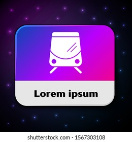 White Tram and railway icon isolated on black background. Public transportation symbol. Rectangle color button. Vector Illustration