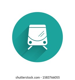 White Tram and railway icon isolated with long shadow. Public transportation symbol. Green circle button. Vector Illustration