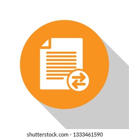 White Transfer files icon isolated on white background. Copy files, data exchange, backup, PC migration, file sharing concepts. Orange circle button. Flat design. Vector Illustration