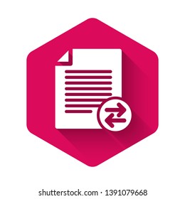 White Transfer files icon isolated with long shadow. Copy files, data exchange, backup, PC migration, file sharing concepts. Pink hexagon button. Vector Illustration