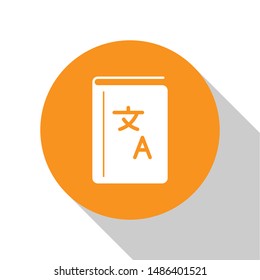 White Translator book icon isolated on white background. Foreign language conversation icons in chat speech bubble. Translating concept. Orange circle button. Vector Illustration