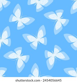 White transparent butterflies on blue background. Vector seamless pattern.