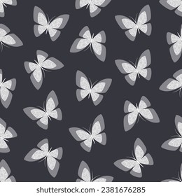 White transparent butterflies on dark gray background. Vector seamless pattern. Best for textile, print, wallpapers, and your design.
