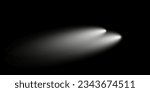 White transparent car head light top view on dark background. Vector shine beam on night road. Glow effect of LED auto spotlight. Bright vehicle headlight in nighttime template