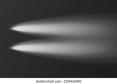 White transparent car head light top view on dark background. Vector shine beam on night road. Glow effect of LED auto spotlight. Bright vehicle headlight in nighttime template - Shutterstock ID 2109626981