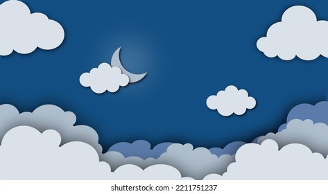 white and transparent clouds in the blue sky with the moon, vector moon with clouds background .paper Cloudy paper cut art style cut, vector illustration. Horizontal background.
