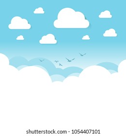 White and transparent clouds on the blue sky with flying birds. Vector illustration. - Shutterstock ID 1054407101