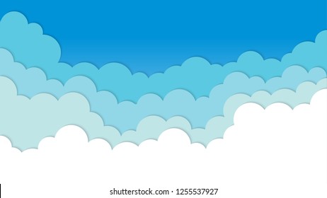 White transparent clouds paper cut layers and blue sky summer background