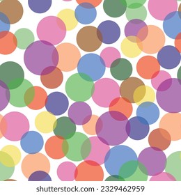 White transparent colorful dots seamless vector background. Blue, orange, green, purple, and yellow dots on white background