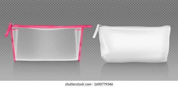 White and transparent cosmetic bag with zipper for makeup and beauty tools. Vector realistic mockup of blank fabric pouch with zip for toiletry, soap and body care products. Small beauticians for