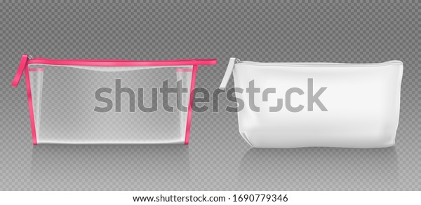 White and transparent cosmetic bag with zipper for
makeup and beauty tools. Vector realistic mockup of blank fabric
pouch with zip for toiletry, soap and body care products. Small
beauticians for