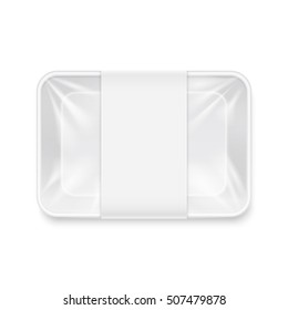 White Transparent Empty Disposable Plastic Food Tray Container Vector Mockup. Protection Box For Supermarket Illustration