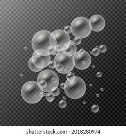 White transparent glass sphere glass or ball, shiny soap bubble glossy. Realistic water bubbles with reflection on transparent background. Shampoo, foam. Vector illustration, eps 10.