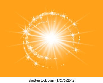 White transparent light of the sun with rays or a flash of a star with dust on a yellow background. Vector illustration.