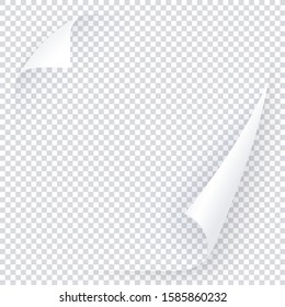 White transparent page with two curl corner, empty paper template for book, magazine. Vector post for notes, memory, remind. 3d realistic illustration of page for text and message.