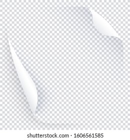 White transparent page with two curled round corners, empty paper template for banner, flyer. Vector post for notes, memory, remind. 3d realistic illustration of page for text and message.