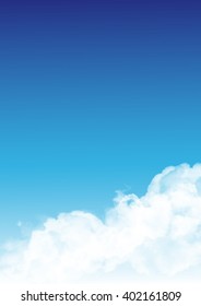 White transparent realistic fluffy cumulus clouds. Clear blue sky realistic vector illustration with copyspace.